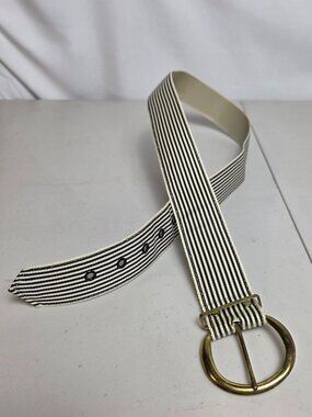 Vintage Ajax Thin Striped Belt Brass Round Buckle White Interior